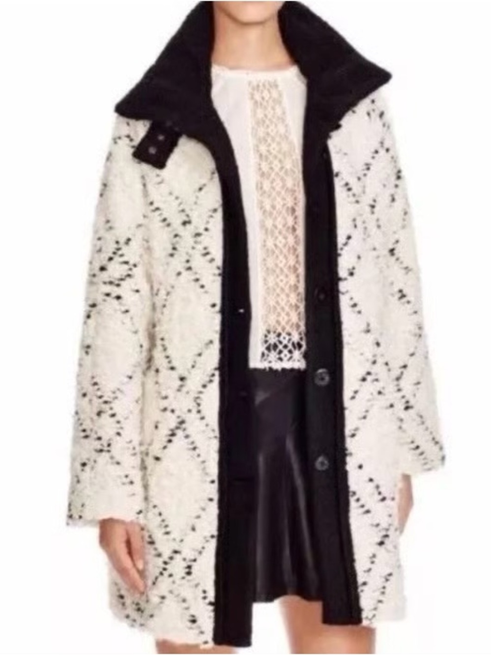 Free People High Collar Bouclé Wool Blend Black and White Coat